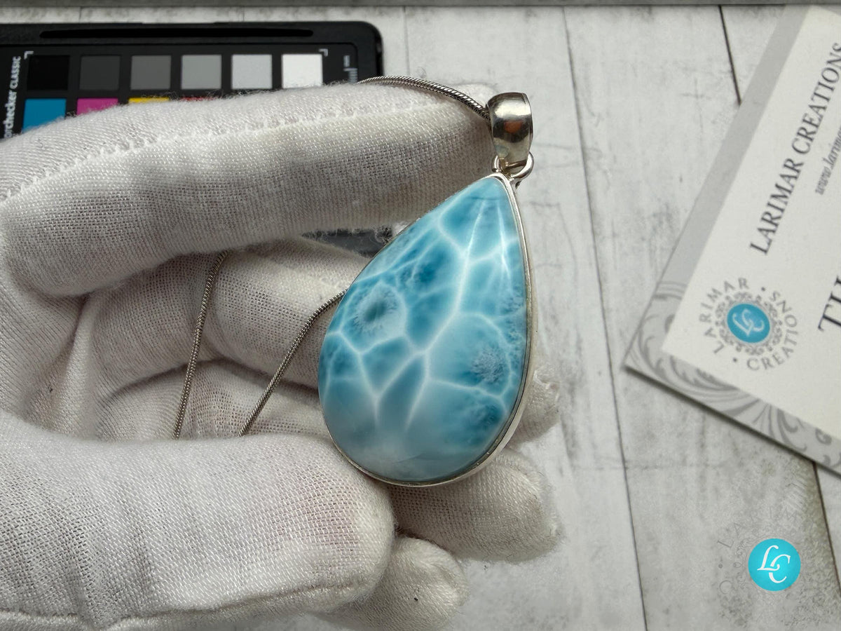 Authentic Larimar Teardrop Pendant | Sterling Silver Boho Statement Necklace