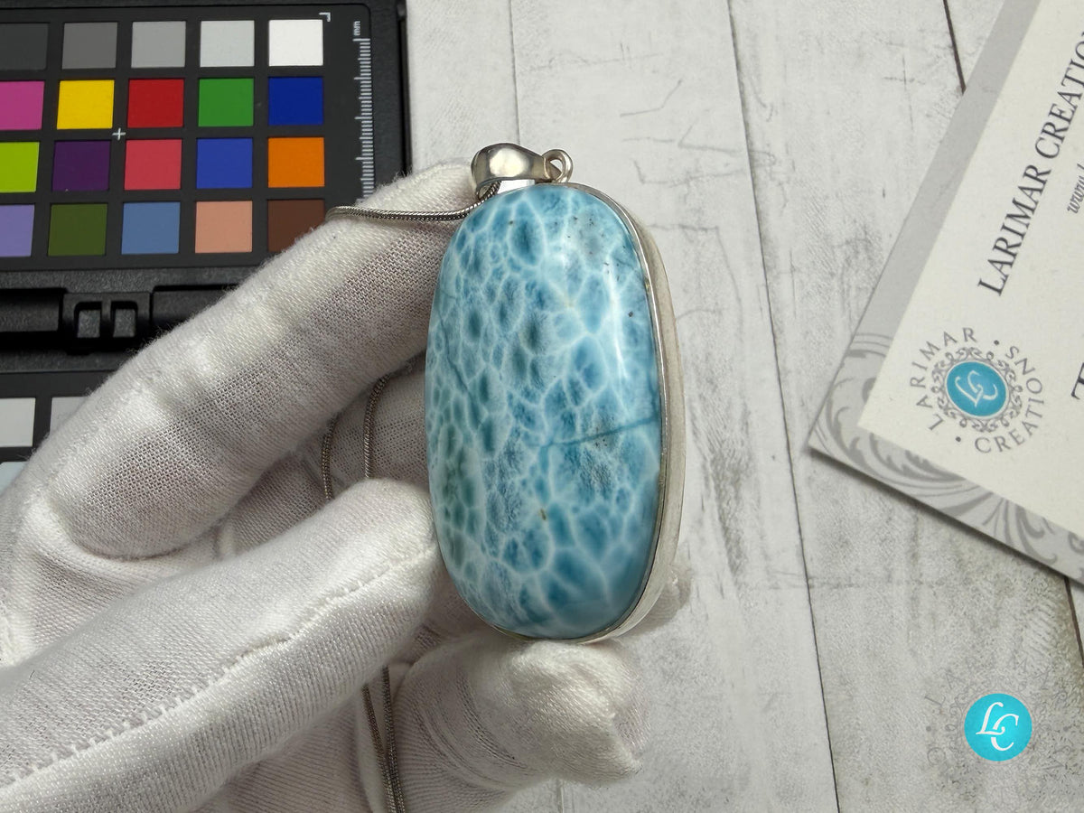 Large AAA Dominican Larimar Pendant, Sterling Silver Statement Jewelry, Ocean Blue Sea Stone
