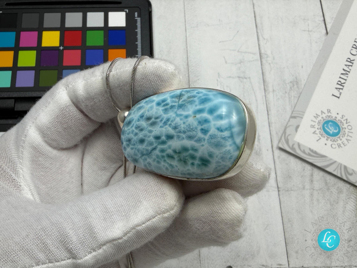Large AAA Dominican Larimar Pendant, Sterling Silver Statement Jewelry, Ocean Blue Sea Stone