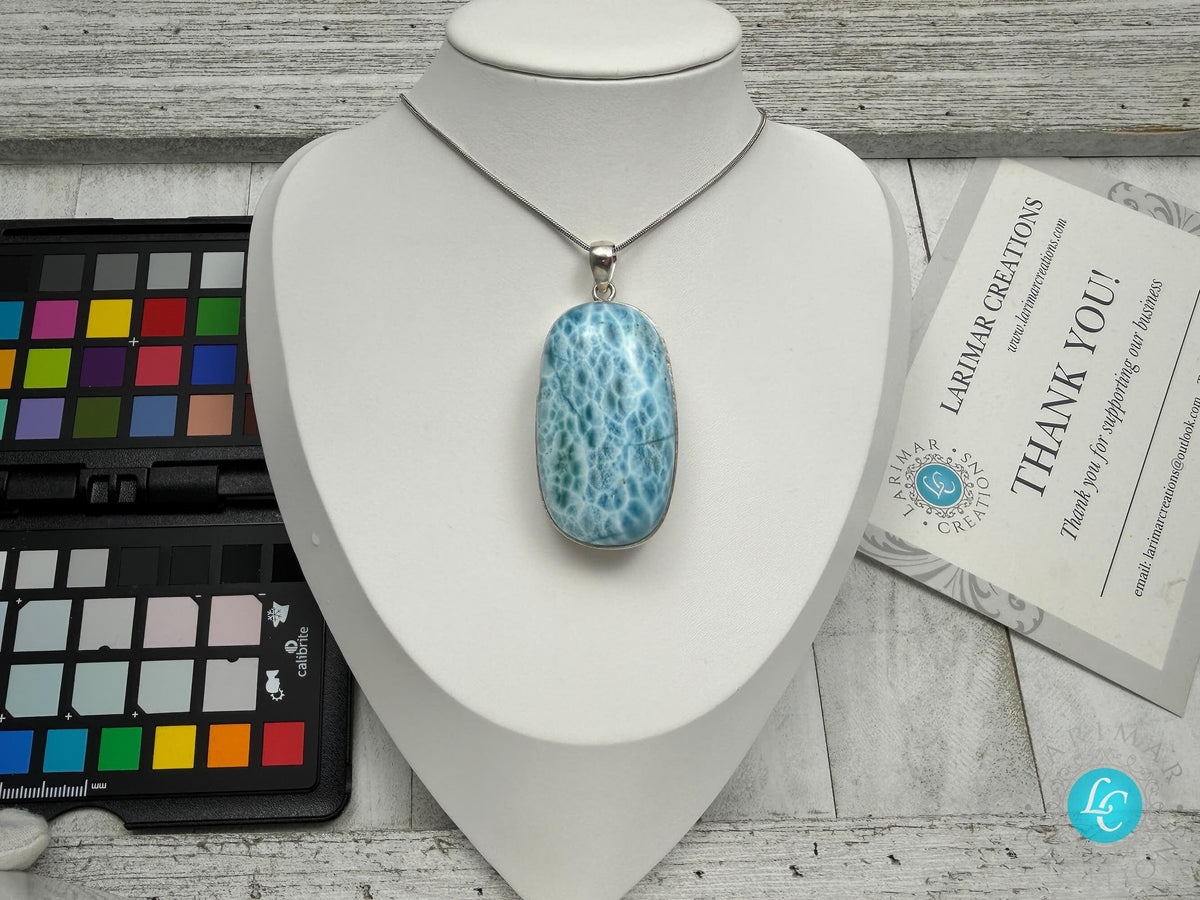 Large AAA Dominican Larimar Pendant, Sterling Silver Statement Jewelry, Ocean Blue Sea Stone
