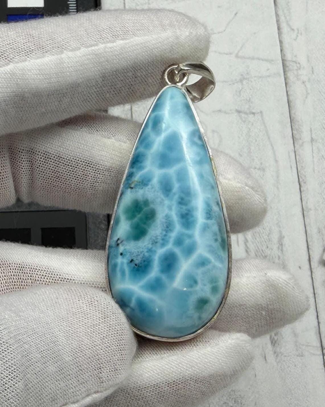 Large Larimar Teardrop Pendant Necklace | Natural Caribbean Blue Boho Statement Jewelry