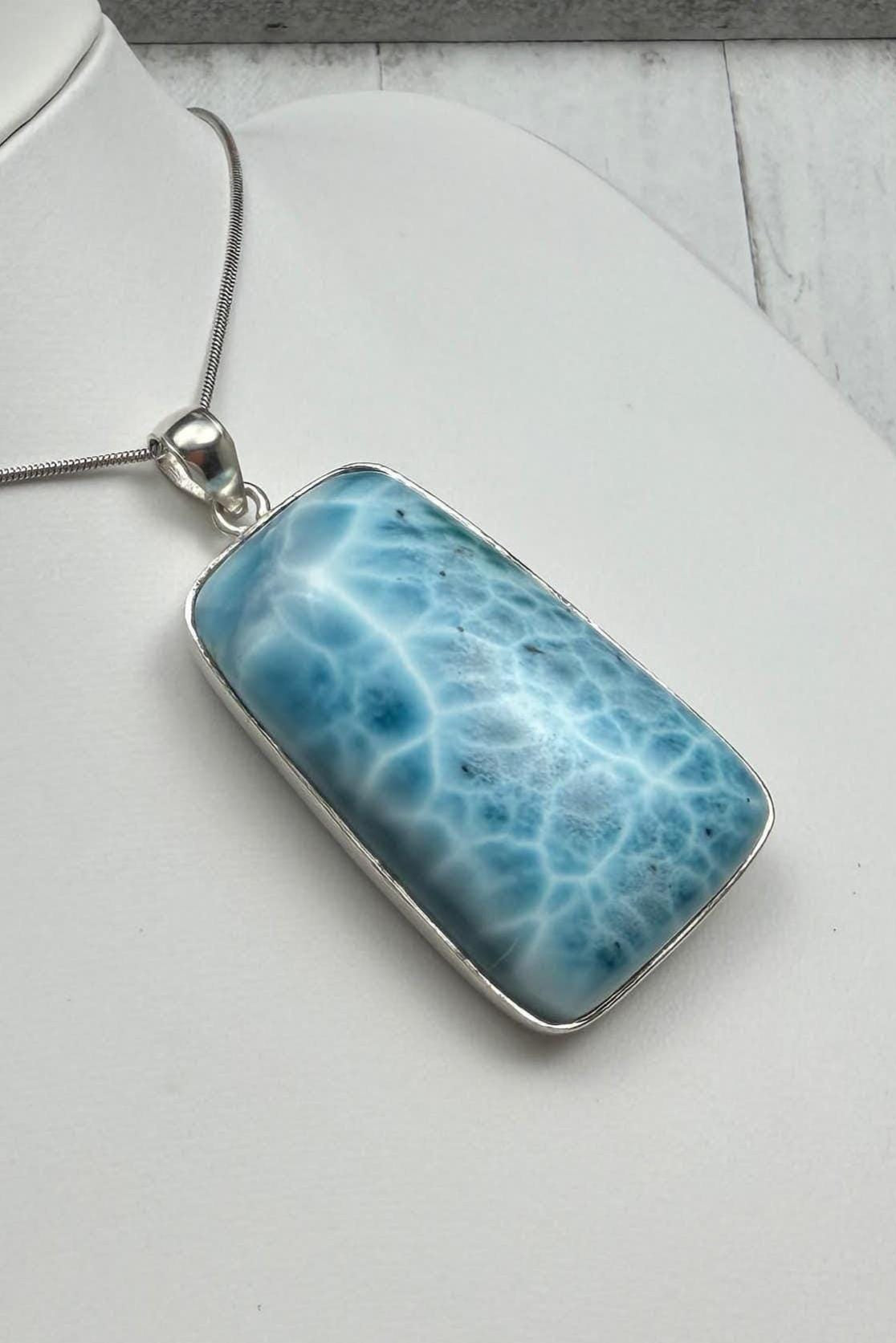 Extra Large Larimar Pendant Necklace | 40.7g Rectangular Caribbean Blue Boho Statement Jewelry