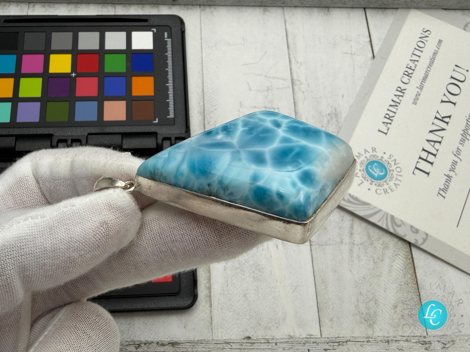 Larimar Pendant Double-Sided Polished 925 Sterling Silver Teardrop Necklace Dominican Gemstone Jewelry