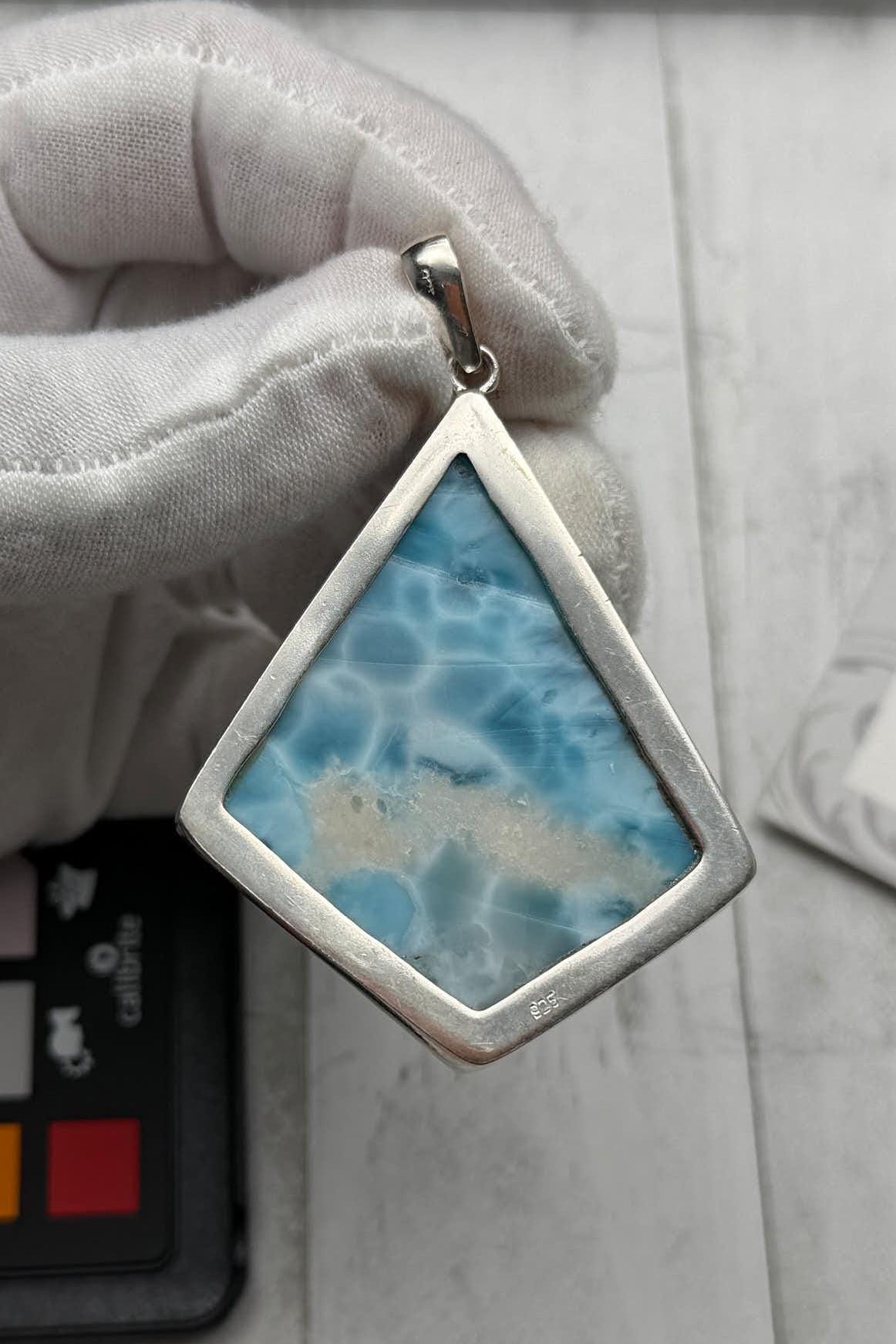 Larimar Pendant Double-Sided Polished 925 Sterling Silver Teardrop Necklace Dominican Gemstone Jewelry