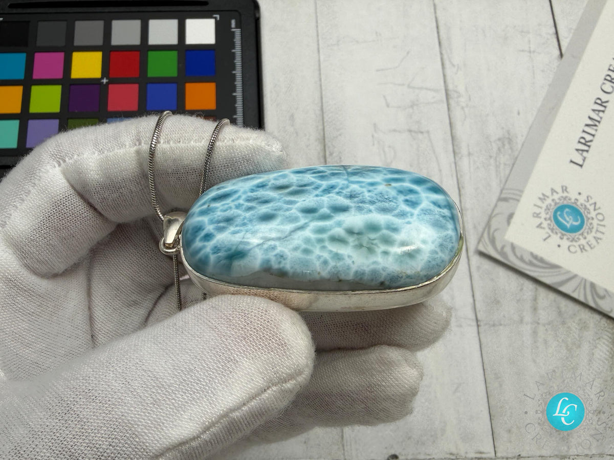 Large AAA Dominican Larimar Pendant, Sterling Silver Statement Jewelry, Ocean Blue Sea Stone