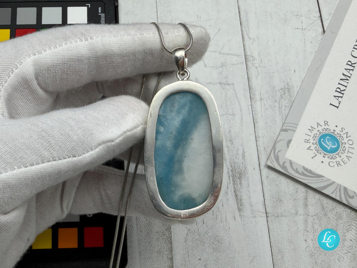 Large AAA Dominican Larimar Pendant, Sterling Silver Statement Jewelry, Ocean Blue Sea Stone