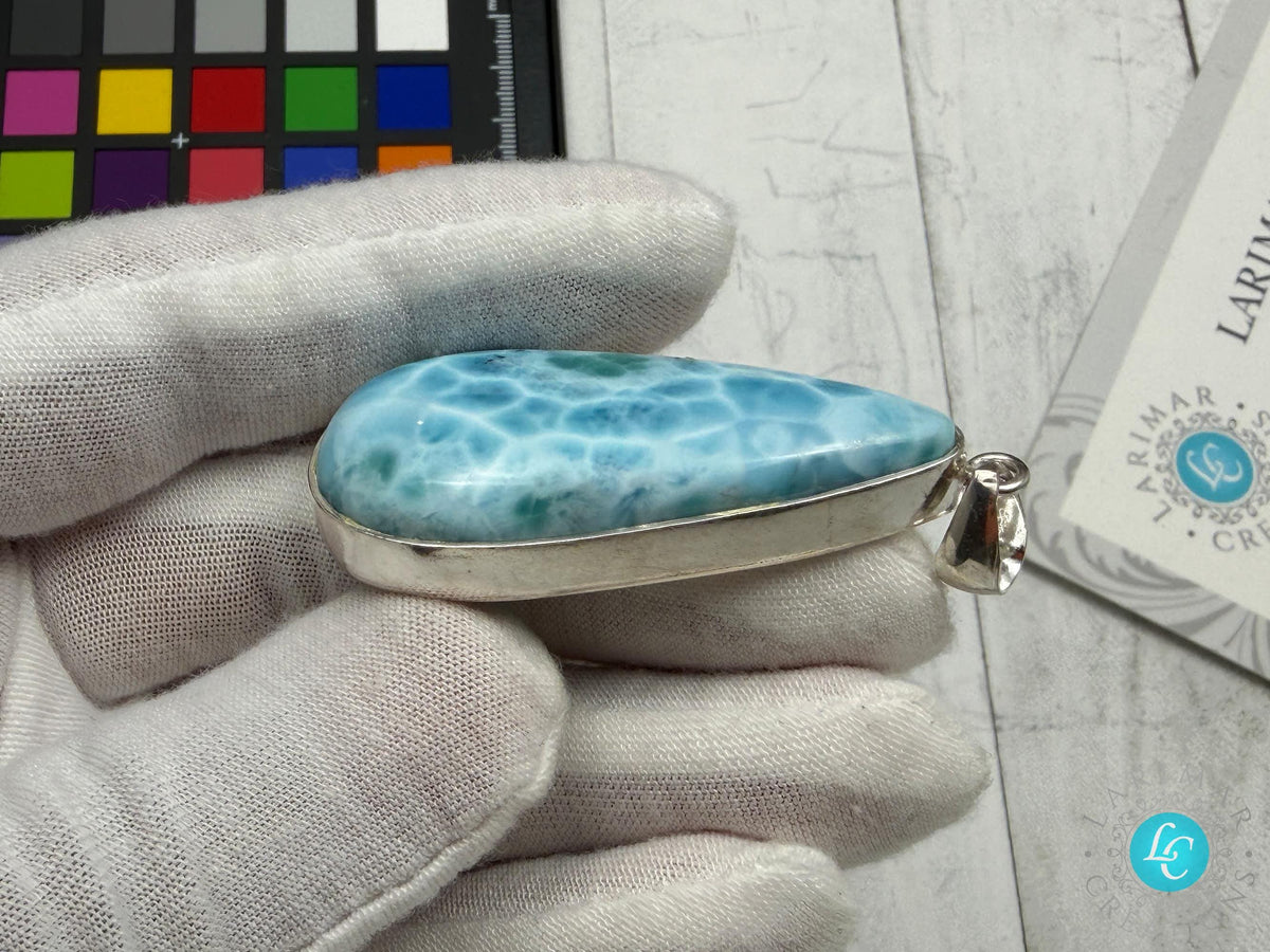 Large Larimar Teardrop Pendant Necklace | Natural Caribbean Blue Boho Statement Jewelry