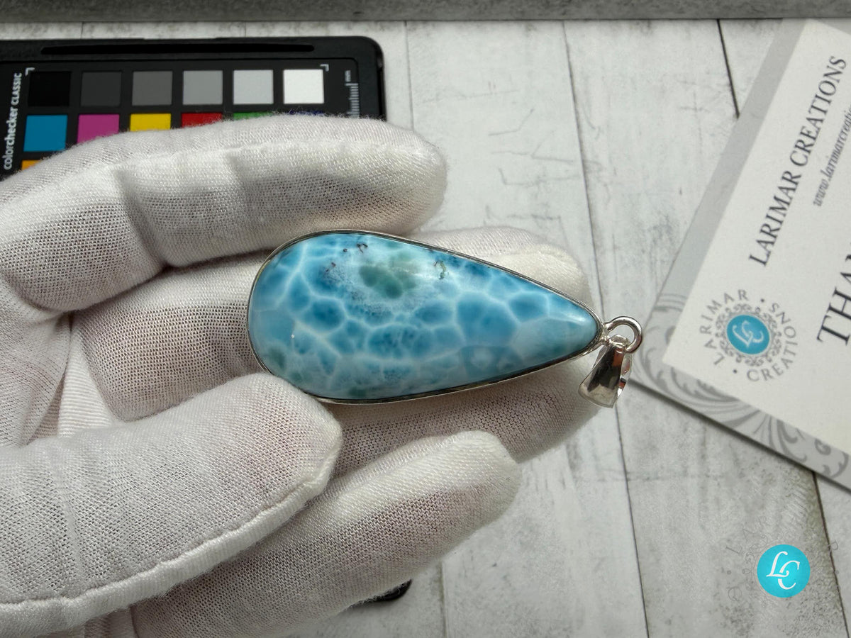 Large Larimar Teardrop Pendant Necklace | Natural Caribbean Blue Boho Statement Jewelry