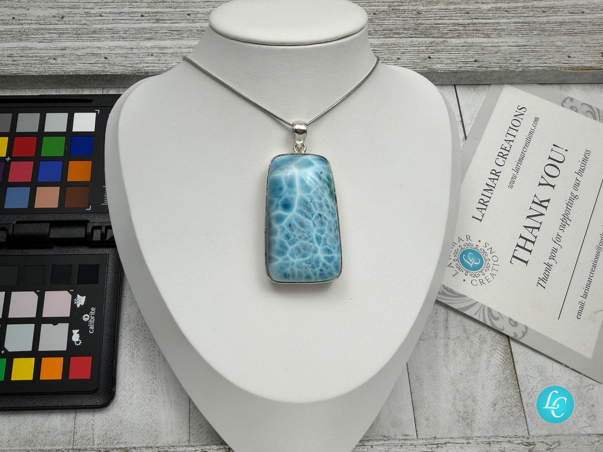 Extra Large Larimar Pendant Necklace | 40.7g Rectangular Caribbean Blue Boho Statement Jewelry