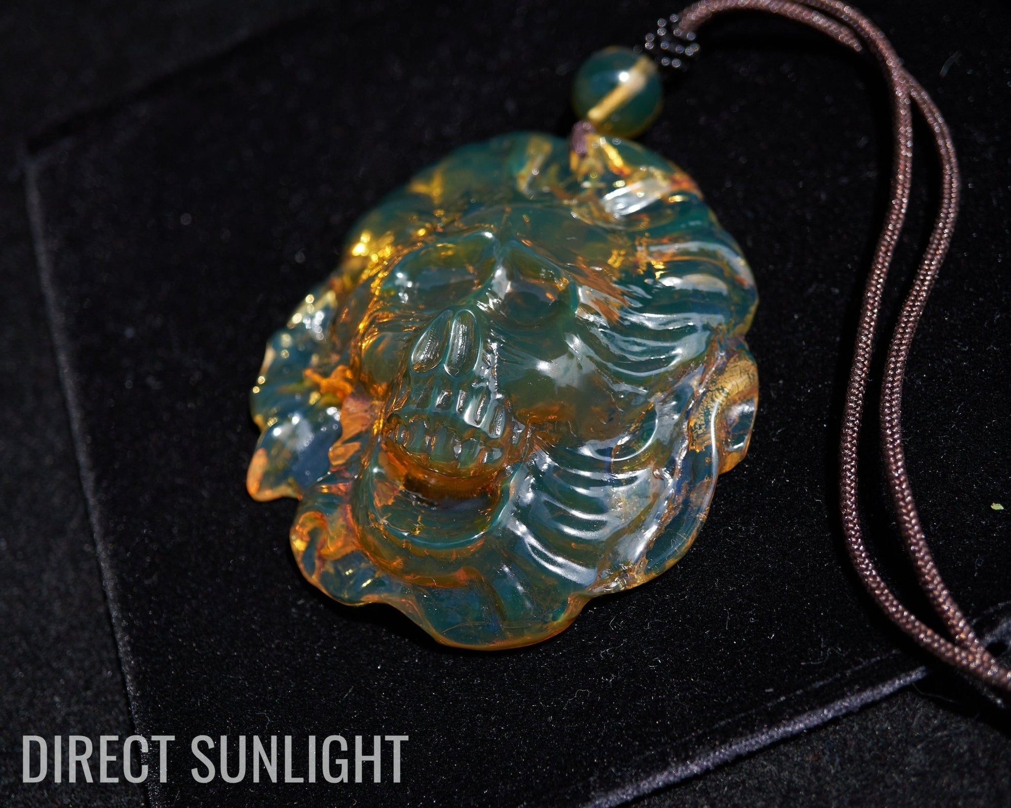 Large Hand - Carved Green Dominican Amber Skull Necklace | Artisan Pendant - Larimar Creations