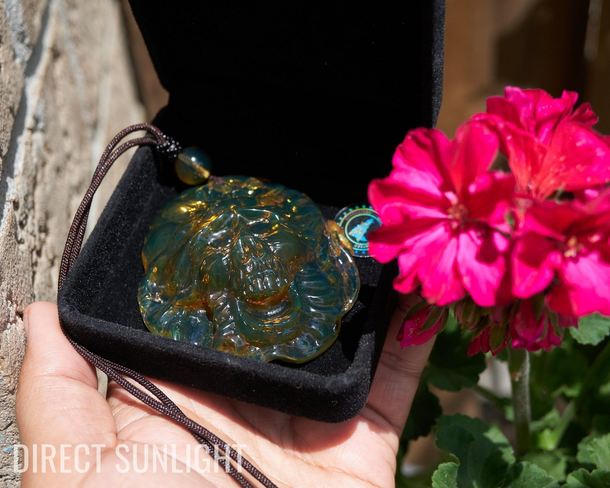 Large Hand - Carved Green Dominican Amber Skull Necklace | Artisan Pendant - Larimar Creations