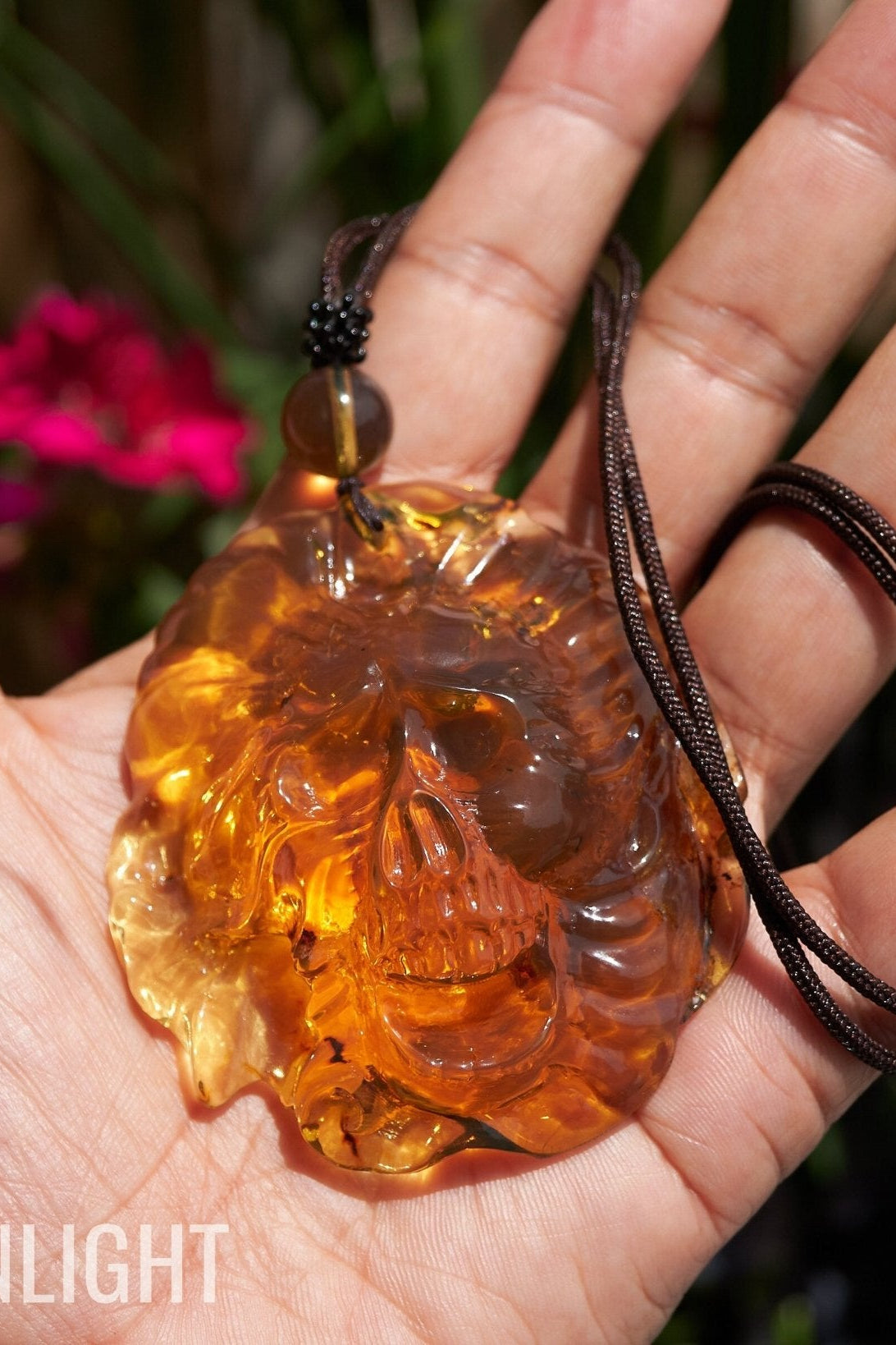 Large Hand - Carved Green Dominican Amber Skull Necklace | Artisan Pendant - Larimar Creations