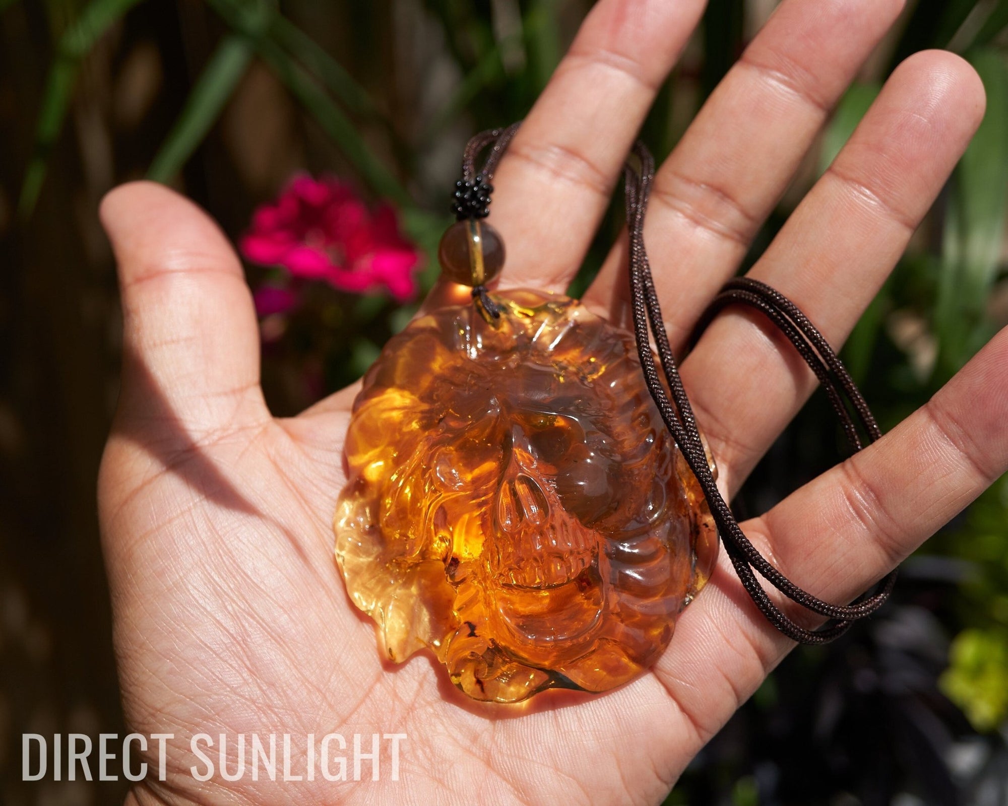 Large Hand - Carved Green Dominican Amber Skull Necklace | Artisan Pendant - Larimar Creations