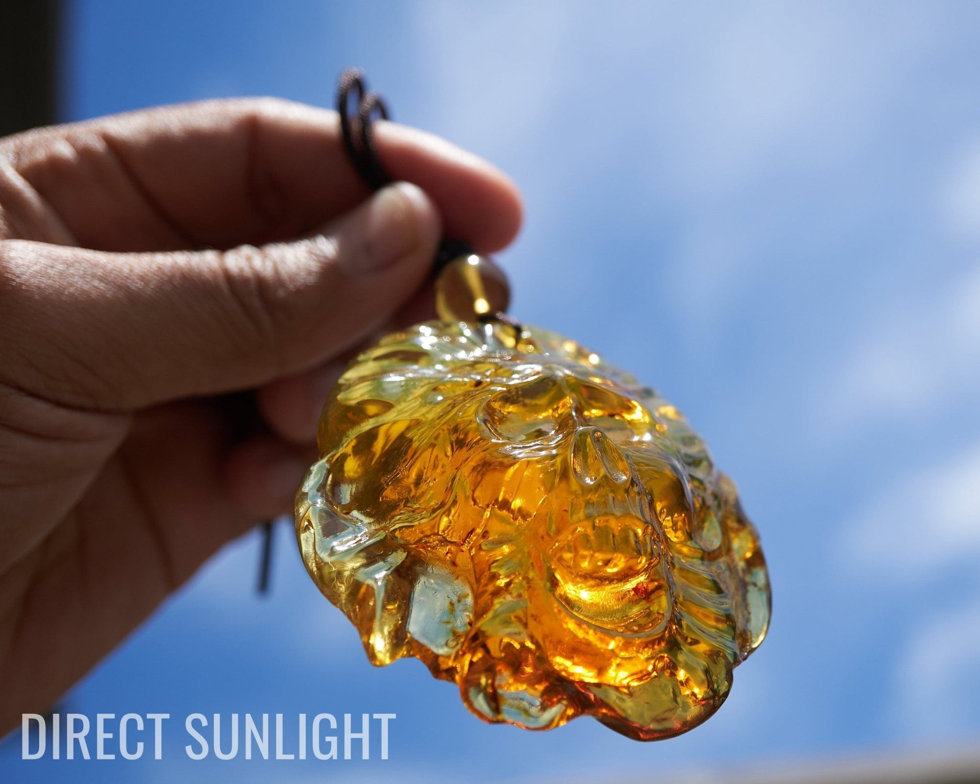 Large Hand - Carved Green Dominican Amber Skull Necklace | Artisan Pendant - Larimar Creations