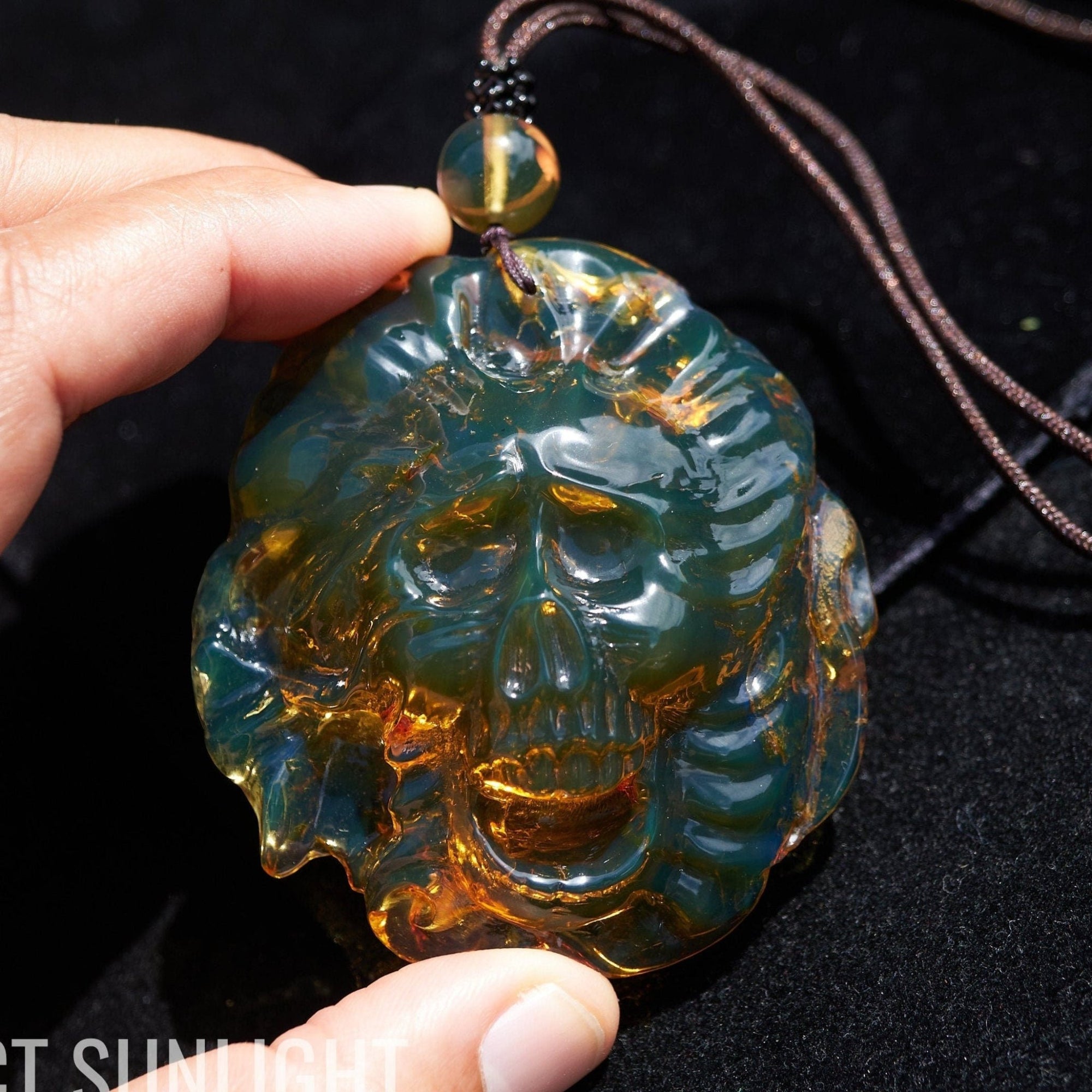 Large Hand - Carved Green Dominican Amber Skull Necklace | Artisan Pendant - Larimar Creations
