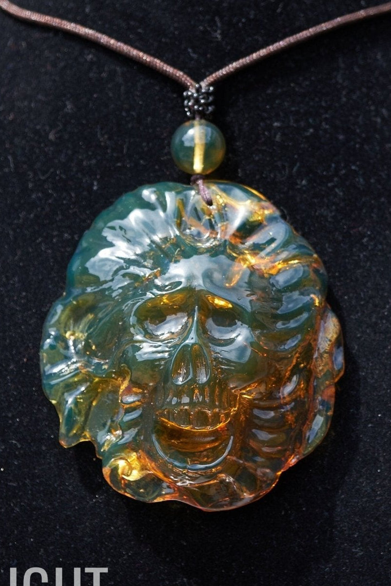 Large Hand - Carved Green Dominican Amber Skull Necklace | Artisan Pendant - Larimar Creations