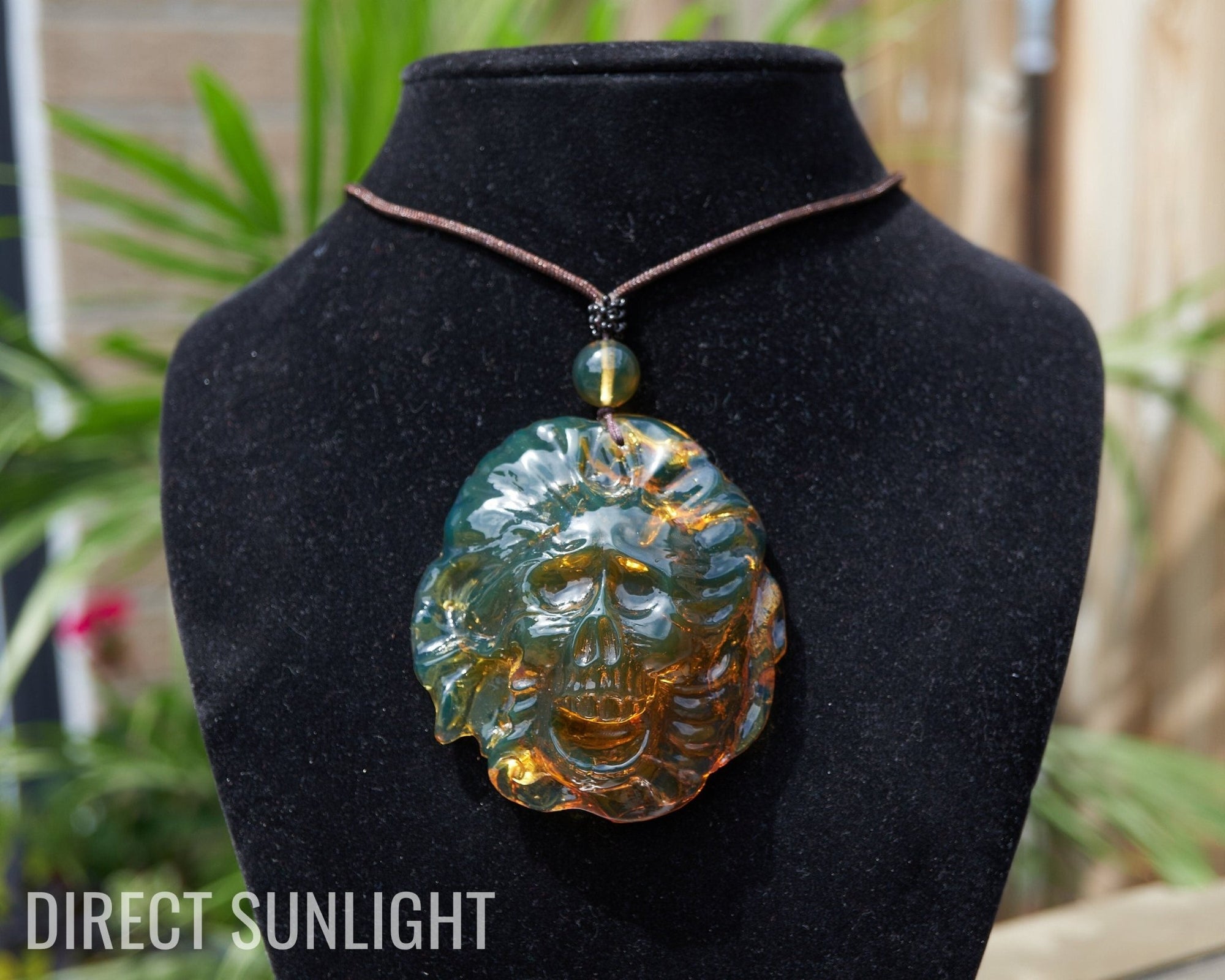 Large Hand - Carved Green Dominican Amber Skull Necklace | Artisan Pendant - Larimar Creations