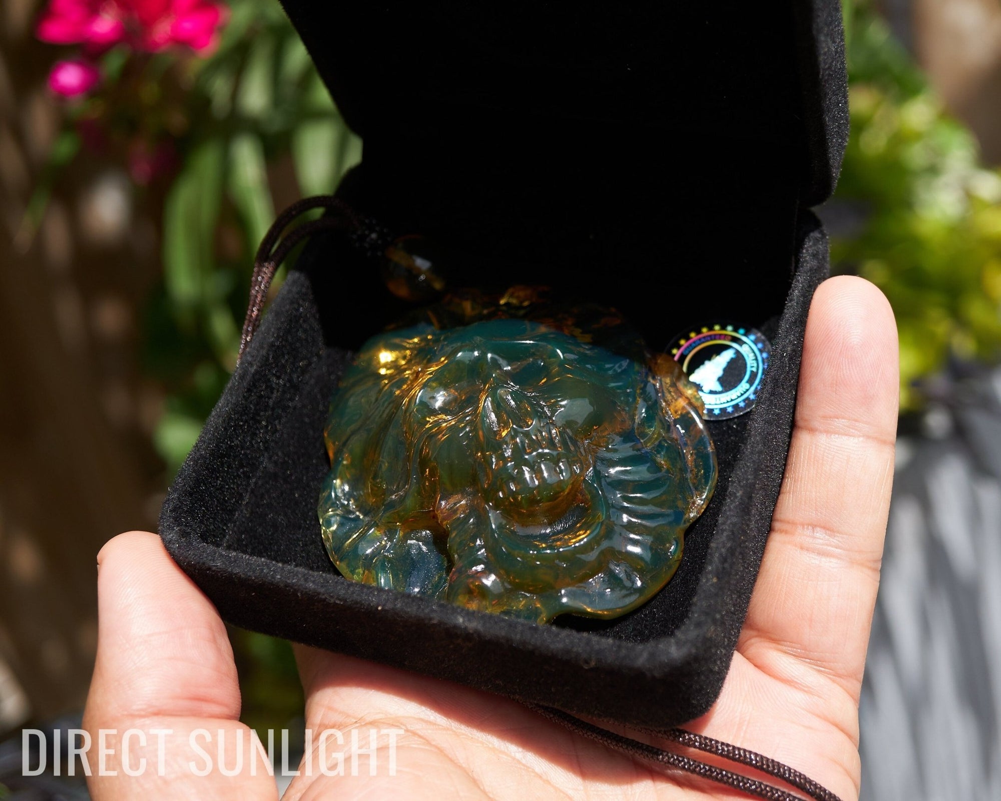 Large Hand - Carved Green Dominican Amber Skull Necklace | Artisan Pendant - Larimar Creations