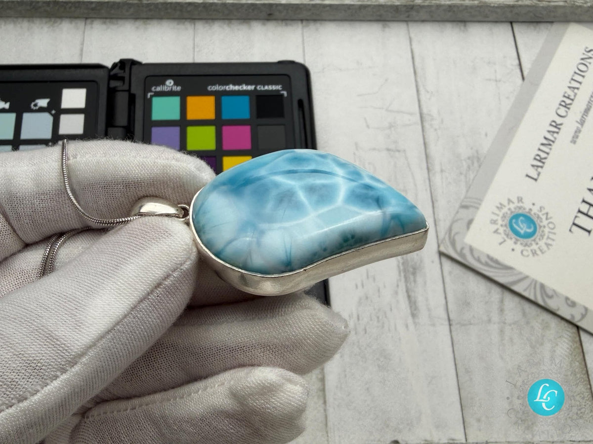 Large Larimar Freeform Pendant Necklace | Sterling Silver - Larimar Creations