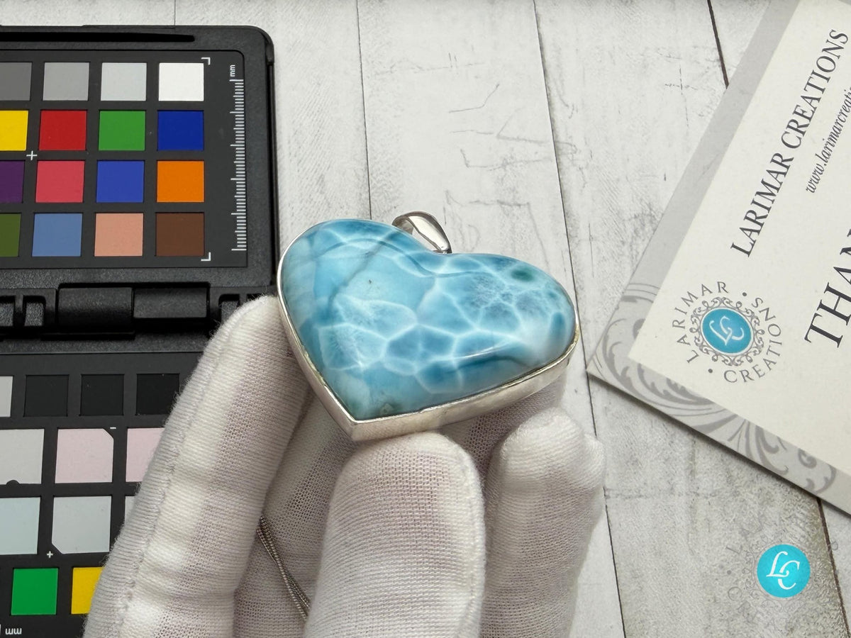 Large Larimar Heart Pendant, 925 Sterling Silver - Larimar Creations