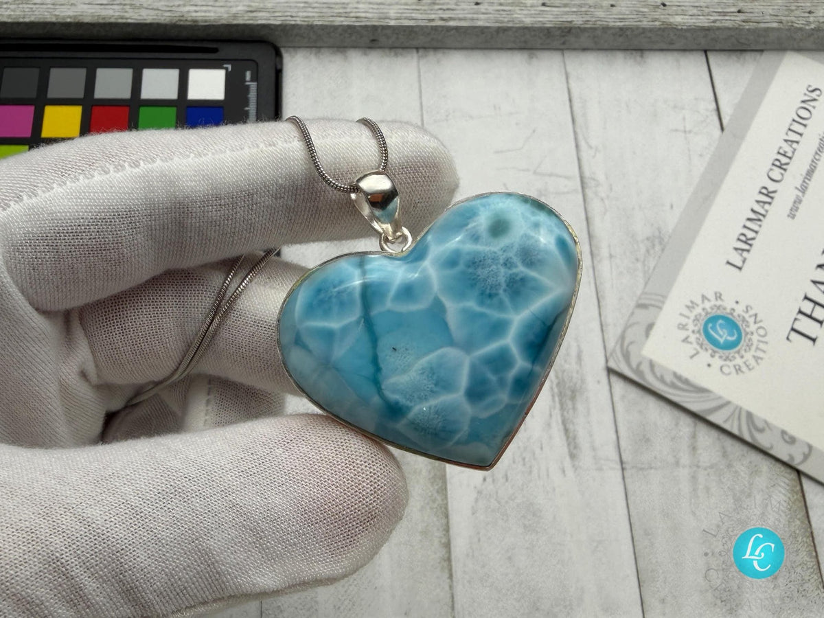 Large Larimar Heart Pendant, 925 Sterling Silver - Larimar Creations