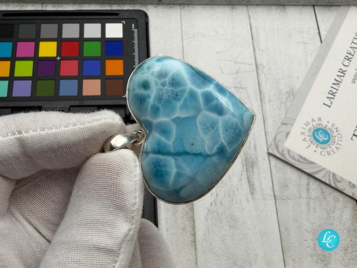 Large Larimar Heart Pendant, 925 Sterling Silver - Larimar Creations