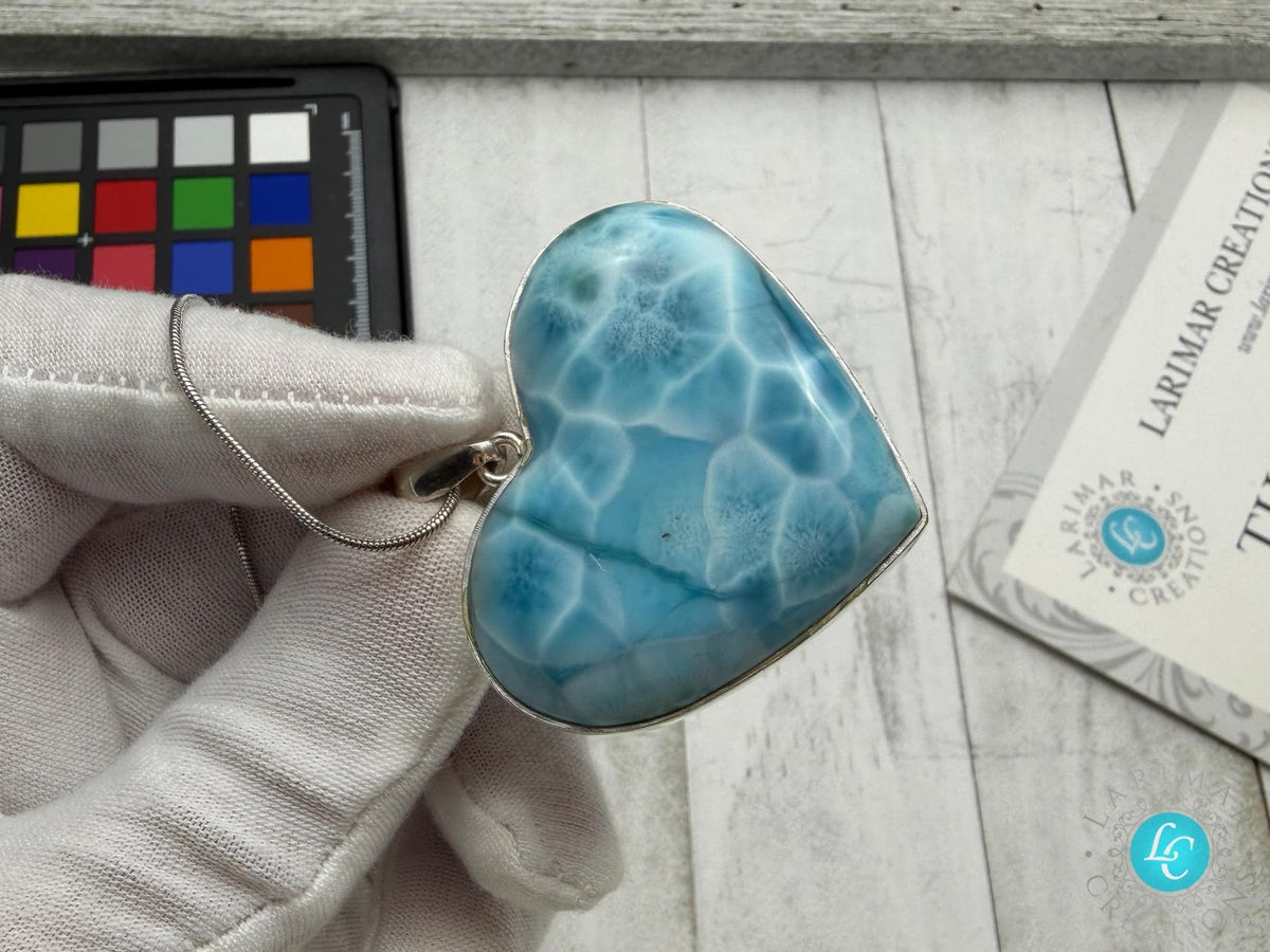 Large Larimar Heart Pendant, 925 Sterling Silver - Larimar Creations
