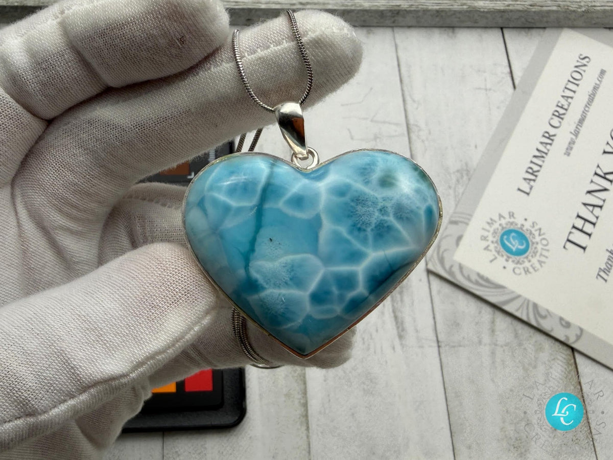 Large Larimar Heart Pendant, 925 Sterling Silver - Larimar Creations