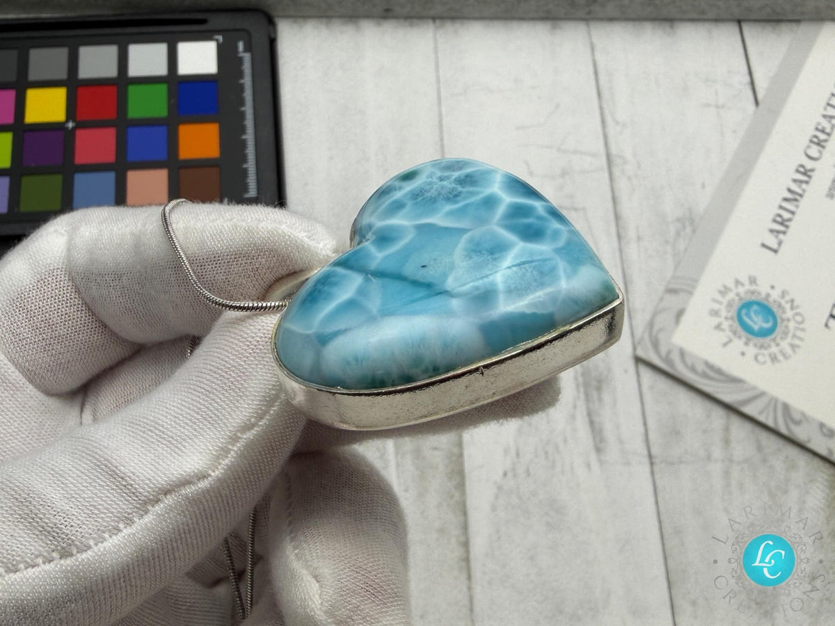 Large Larimar Heart Pendant, 925 Sterling Silver - Larimar Creations