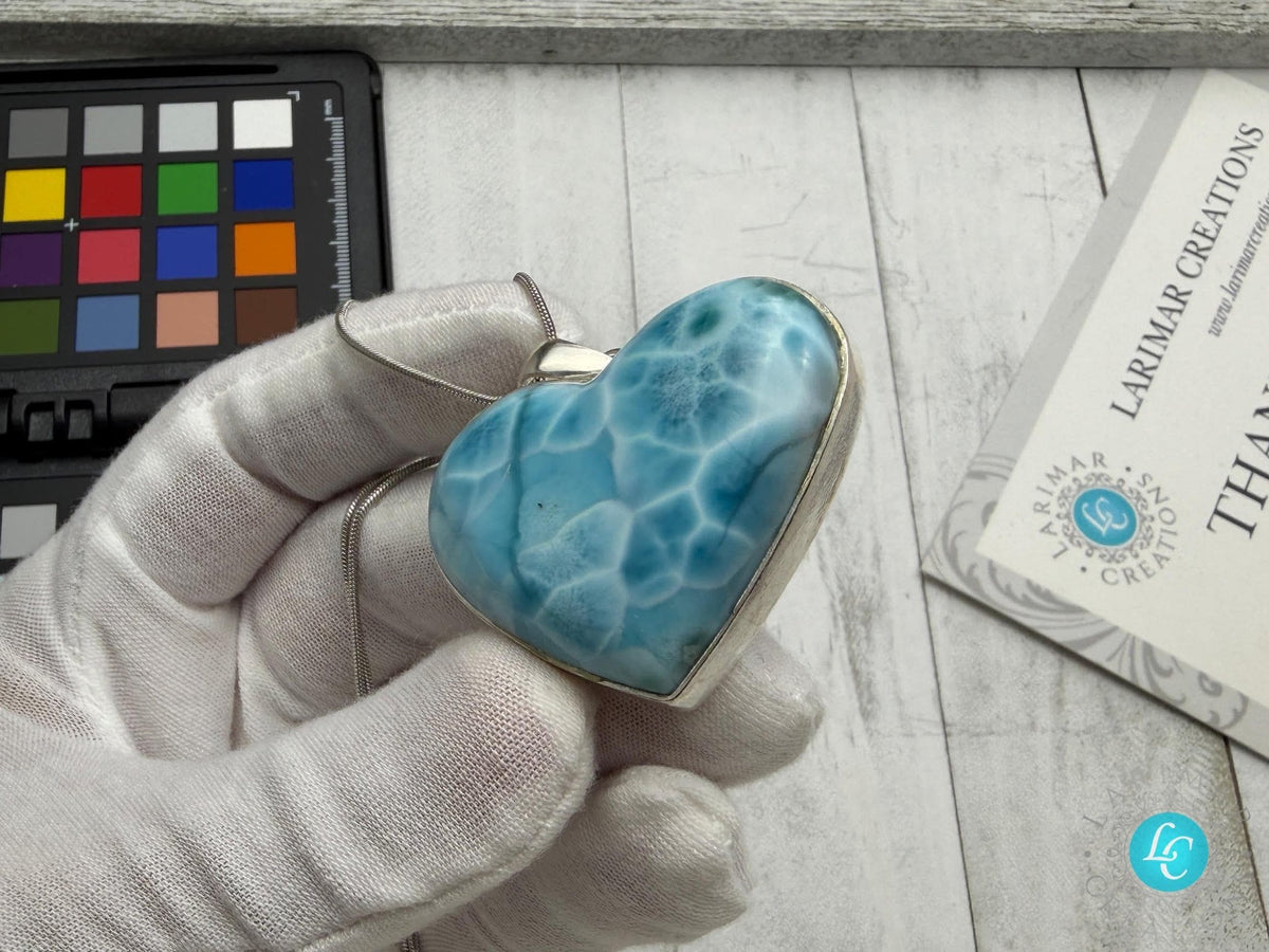 Large Larimar Heart Pendant, 925 Sterling Silver - Larimar Creations