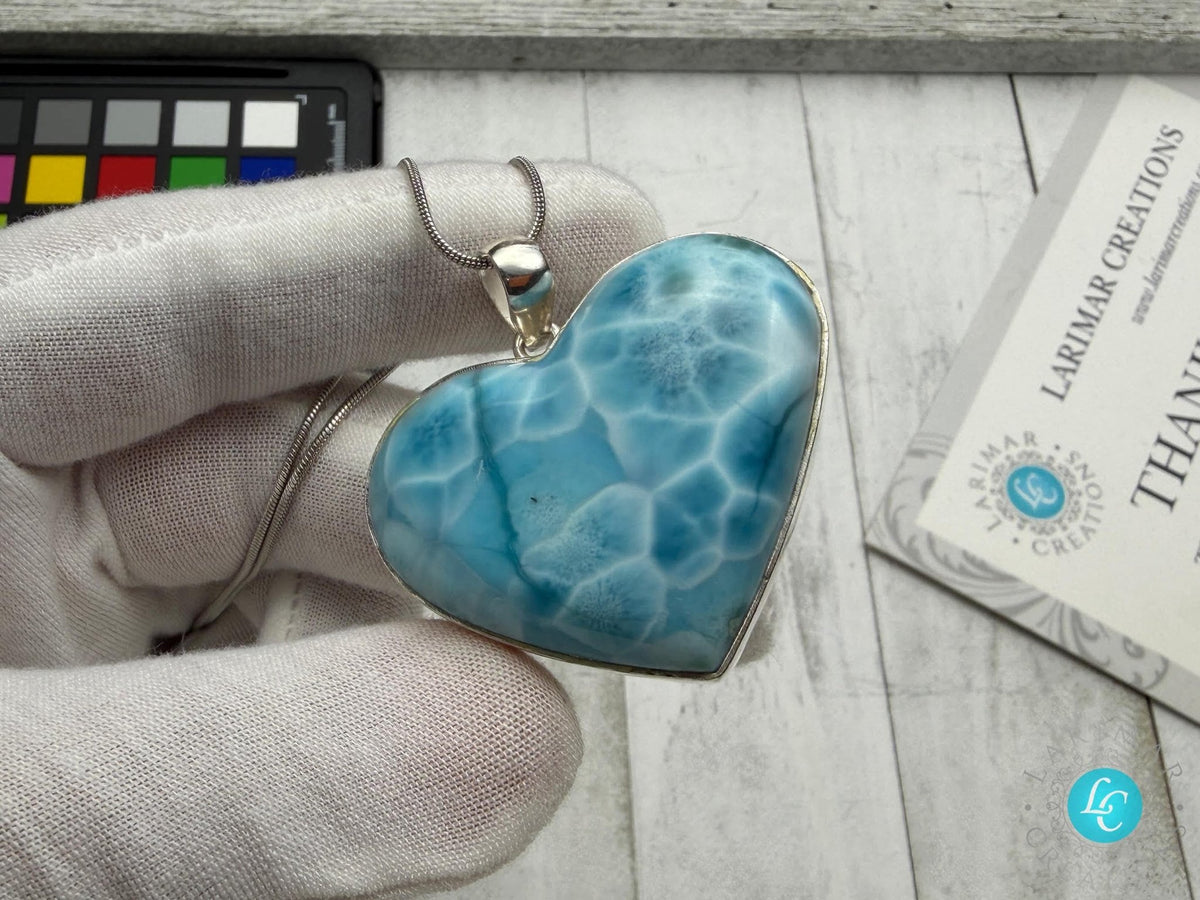 Large Larimar Heart Pendant, 925 Sterling Silver - Larimar Creations