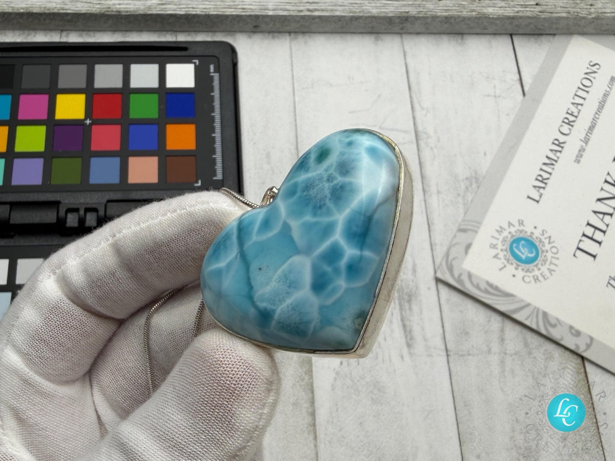 Large Larimar Heart Pendant, 925 Sterling Silver - Larimar Creations