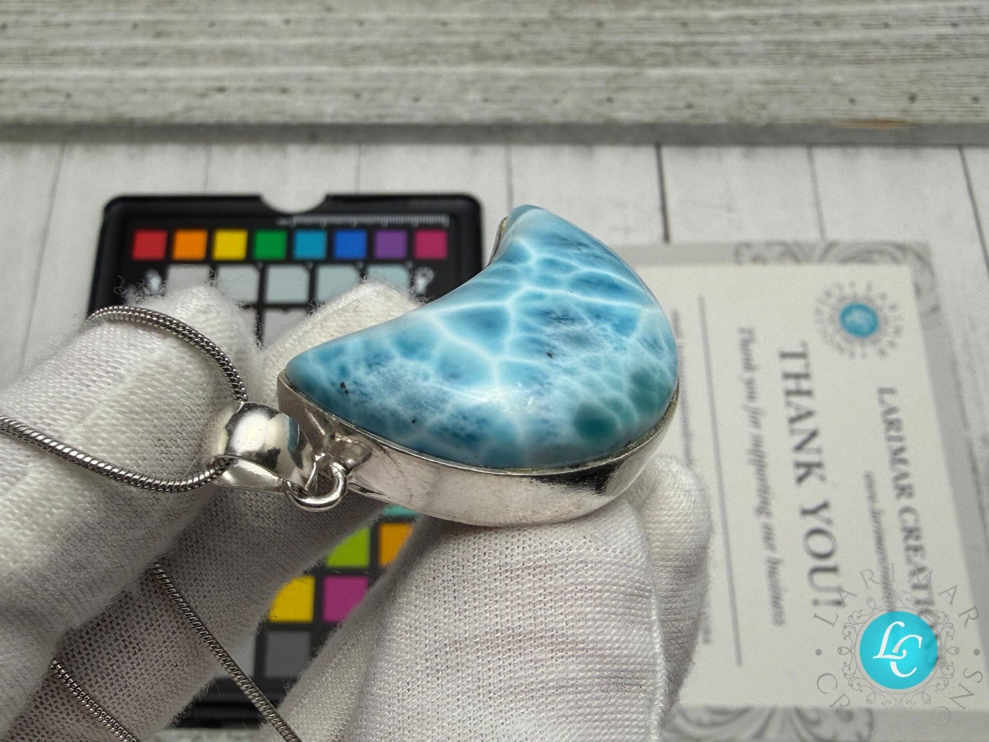 Large Larimar Moon Pendant Necklace - Larimar Creations