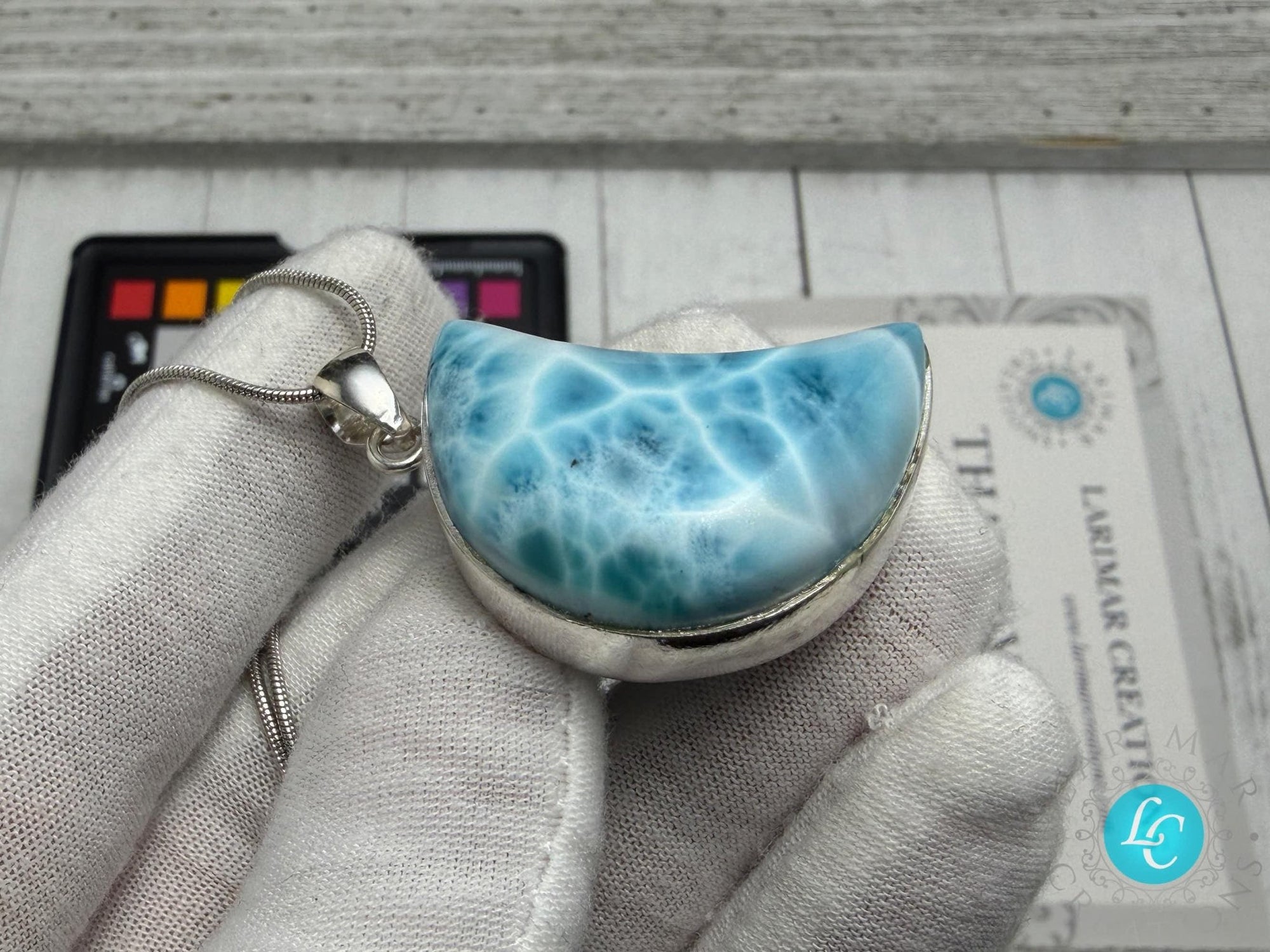 Large Larimar Moon Pendant Necklace - Larimar Creations