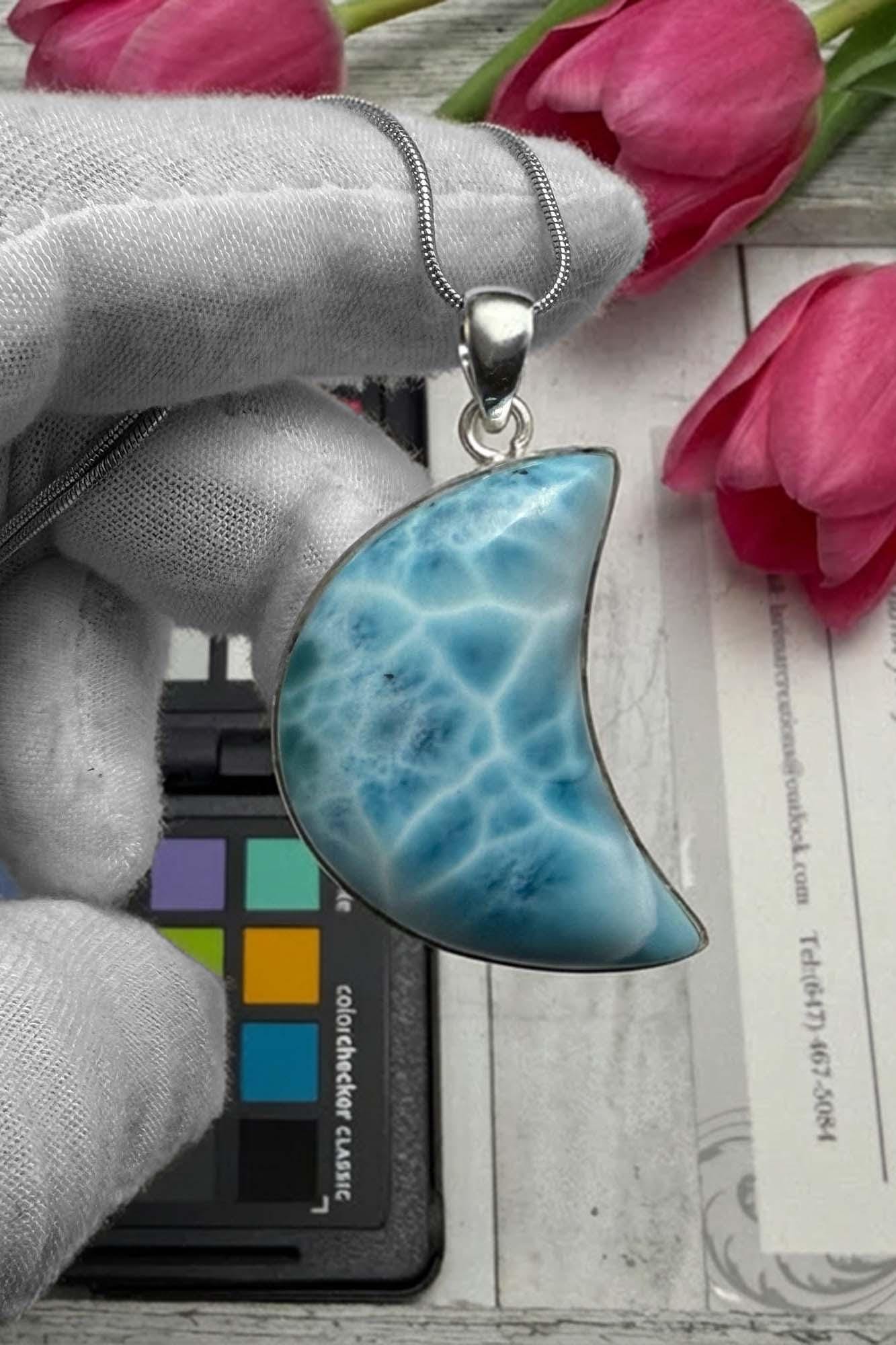 Large Larimar Moon Pendant Necklace - Larimar Creations