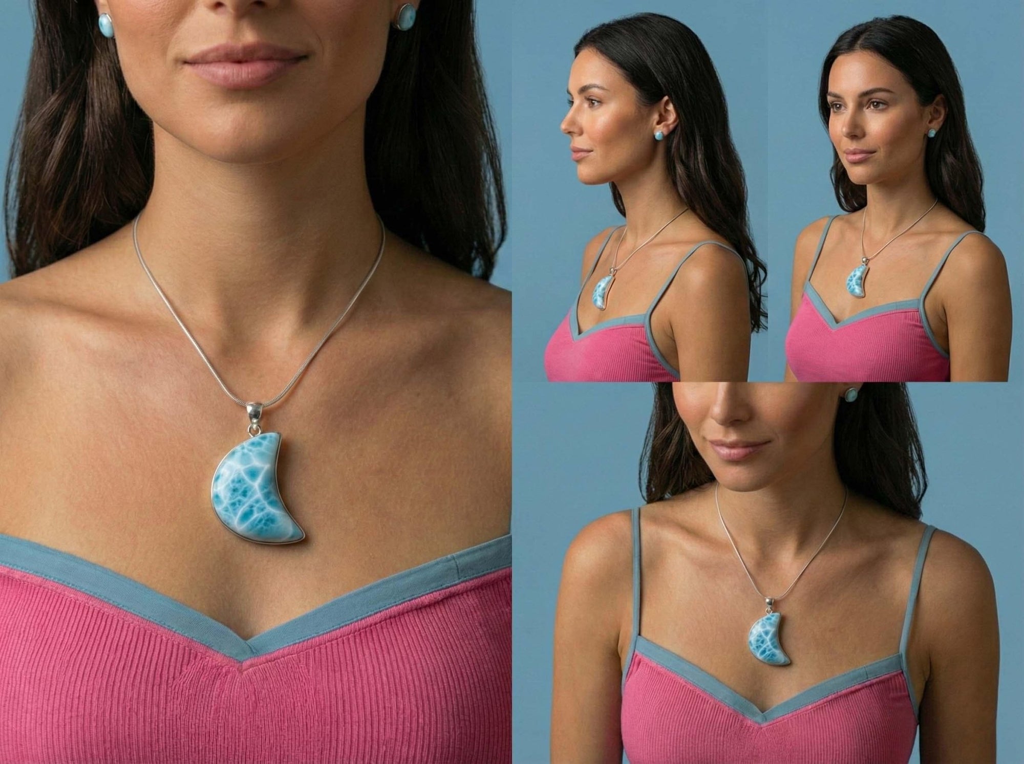 Large Larimar Moon Pendant Necklace - Larimar Creations