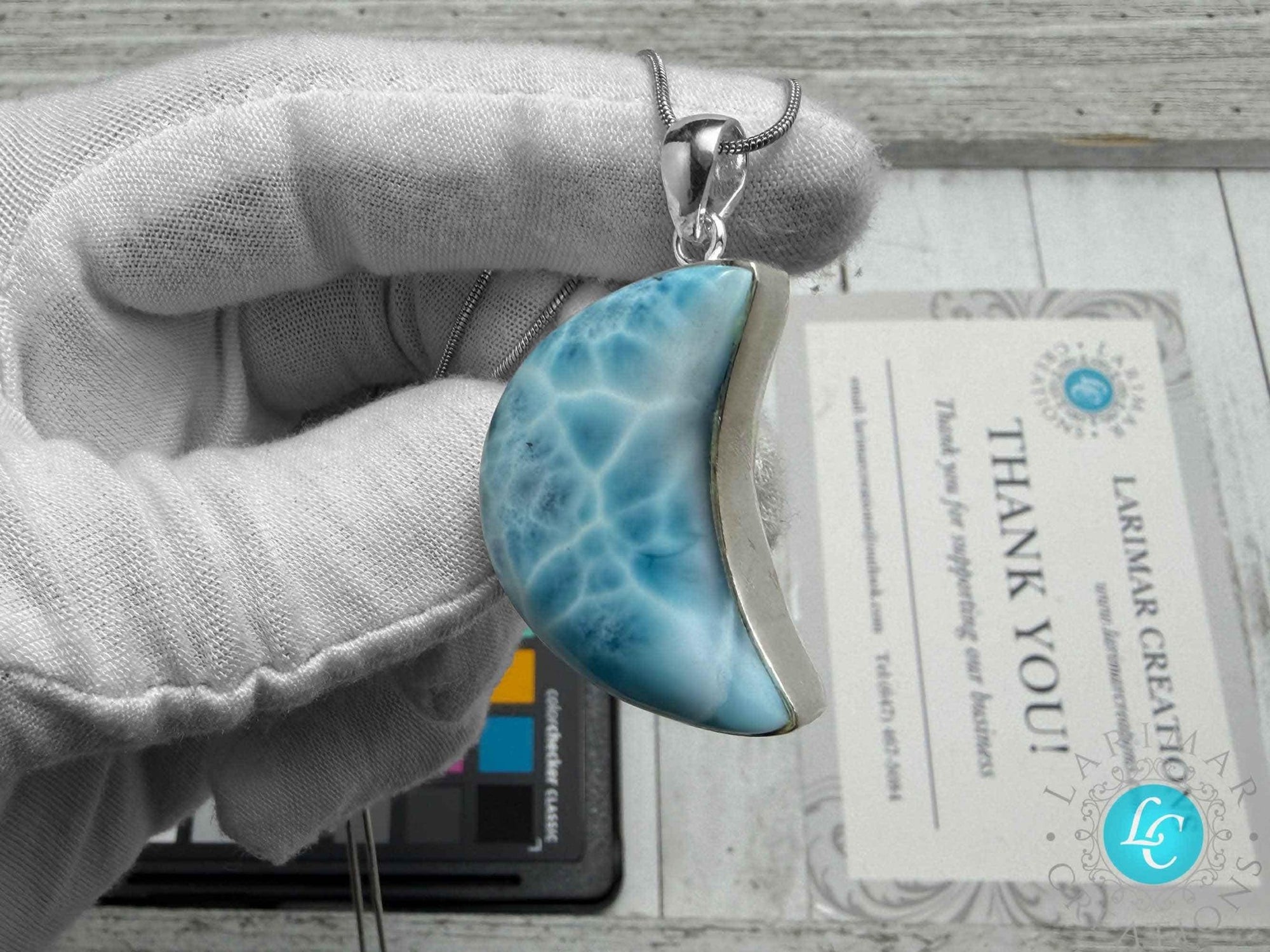 Large Larimar Moon Pendant Necklace - Larimar Creations