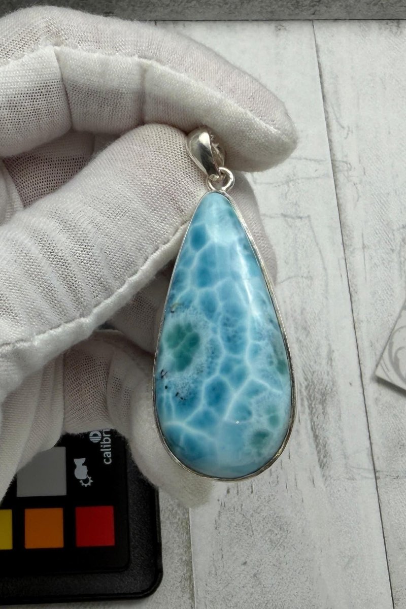 Large Larimar Teardrop Pendant Necklace | Sterling Silver - Larimar Creations