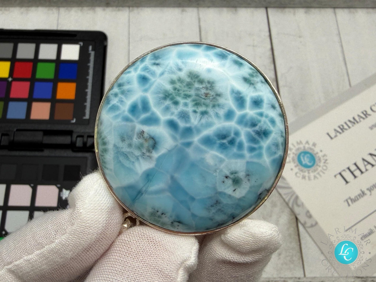 Large Round Larimar Pendant 925 Sterling Silver - Larimar Creations