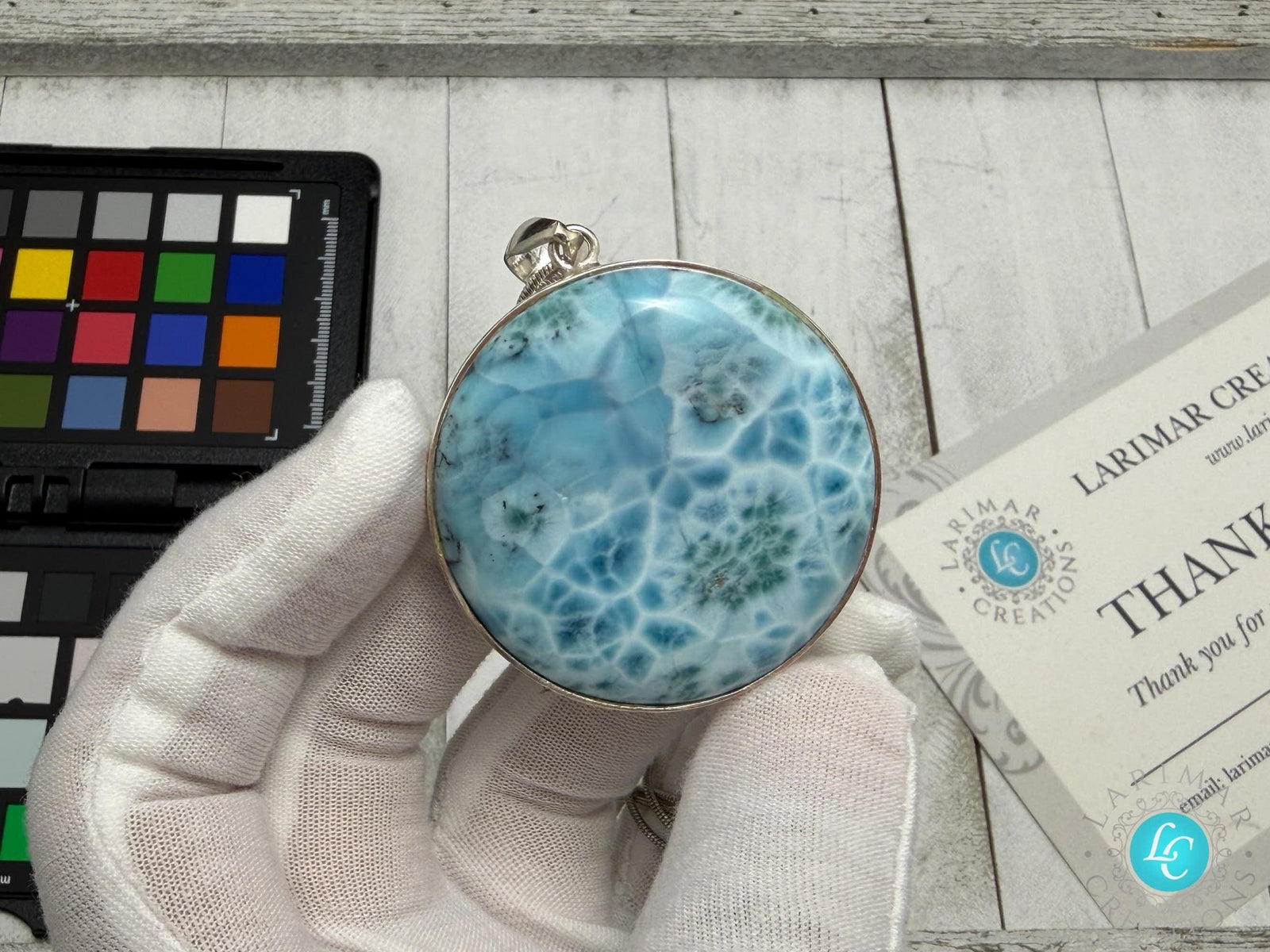 Large Round Larimar Pendant 925 Sterling Silver - Larimar Creations