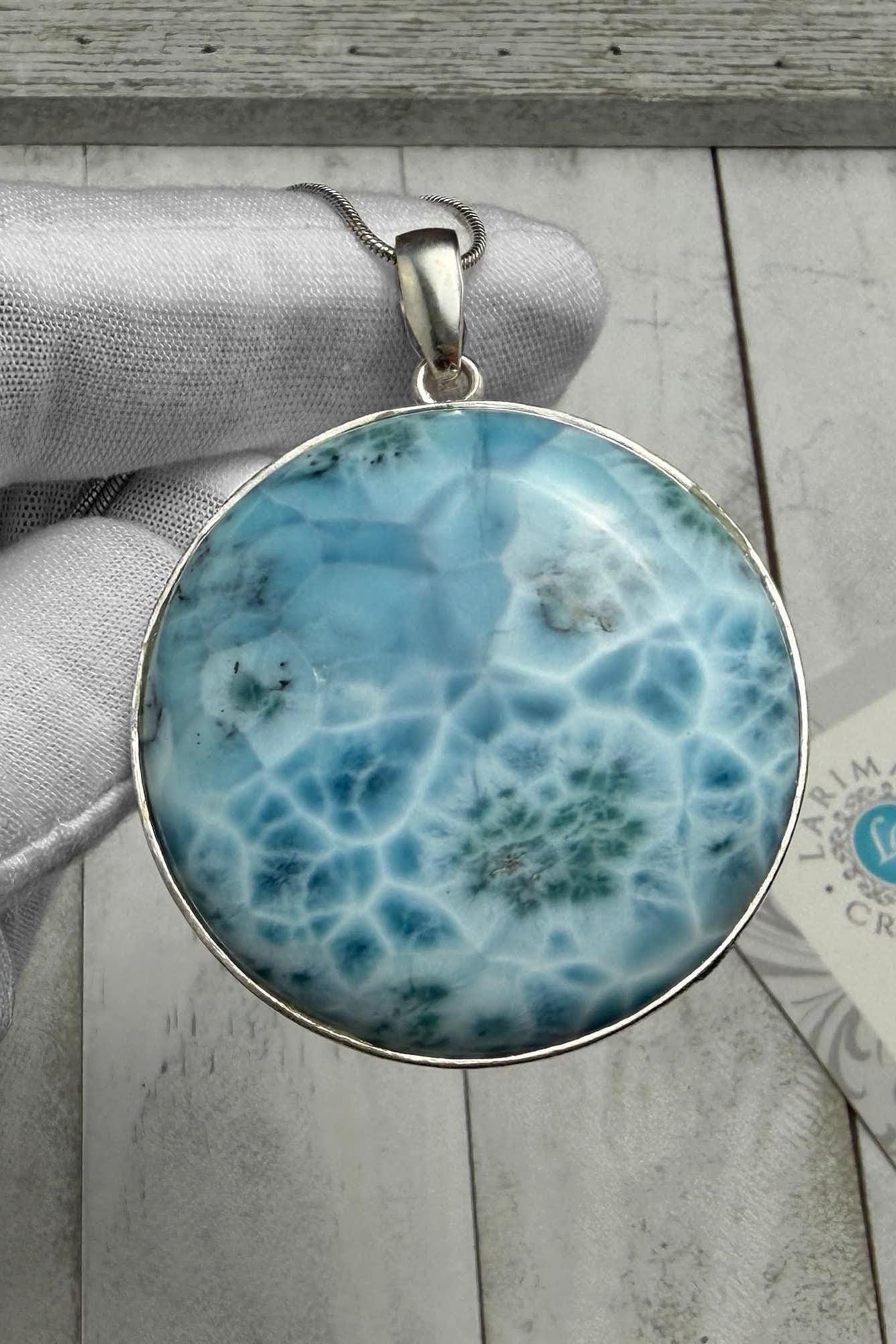 Large Round Larimar Pendant 925 Sterling Silver - Larimar Creations