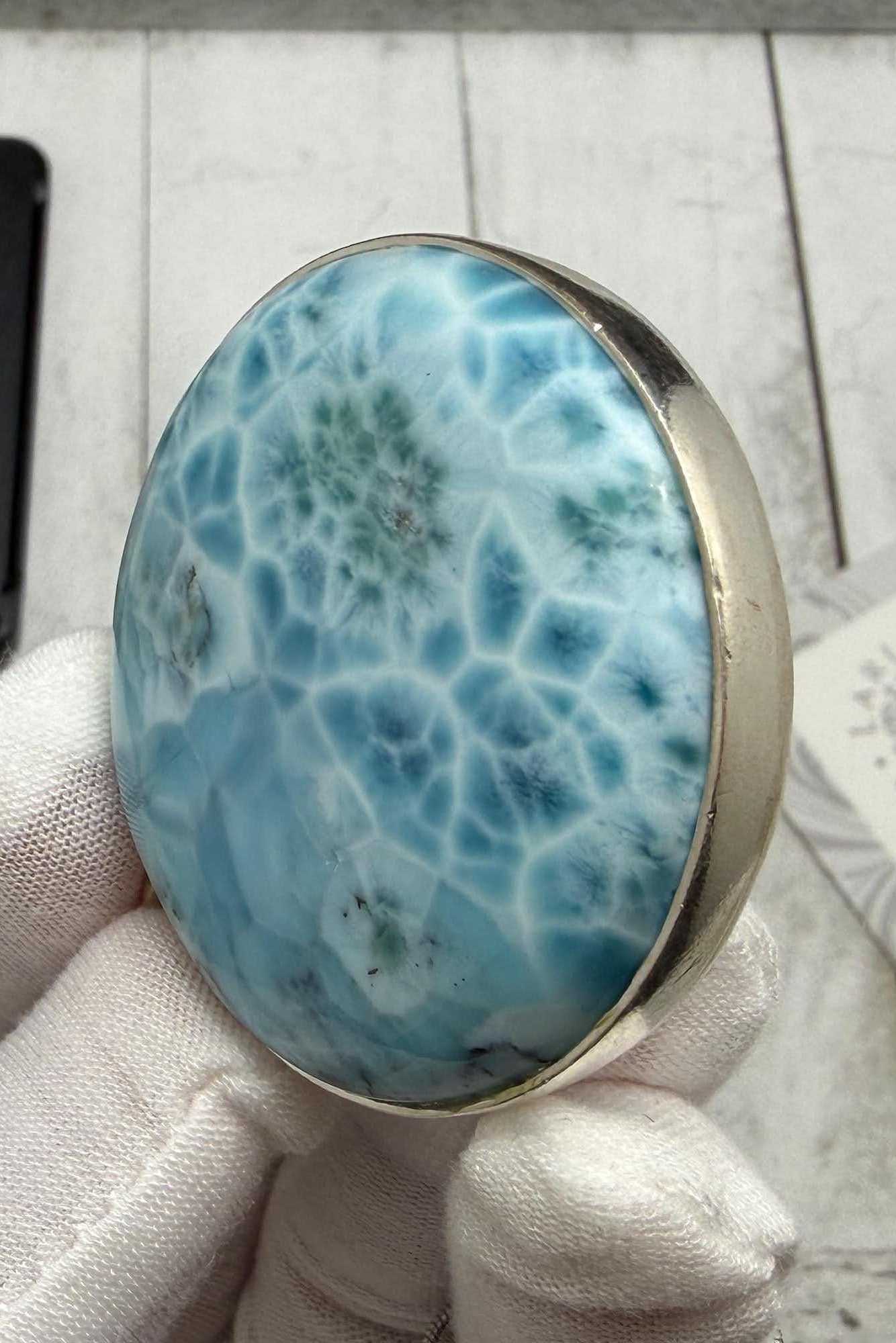 Large Round Larimar Pendant 925 Sterling Silver - Larimar Creations