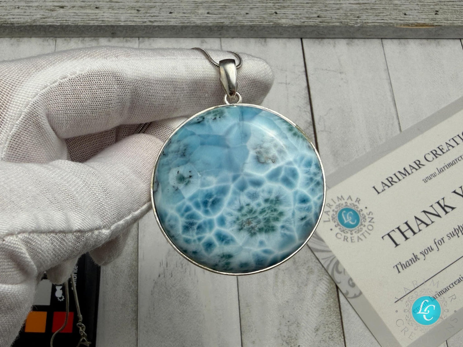 Large Round Larimar Pendant 925 Sterling Silver - Larimar Creations