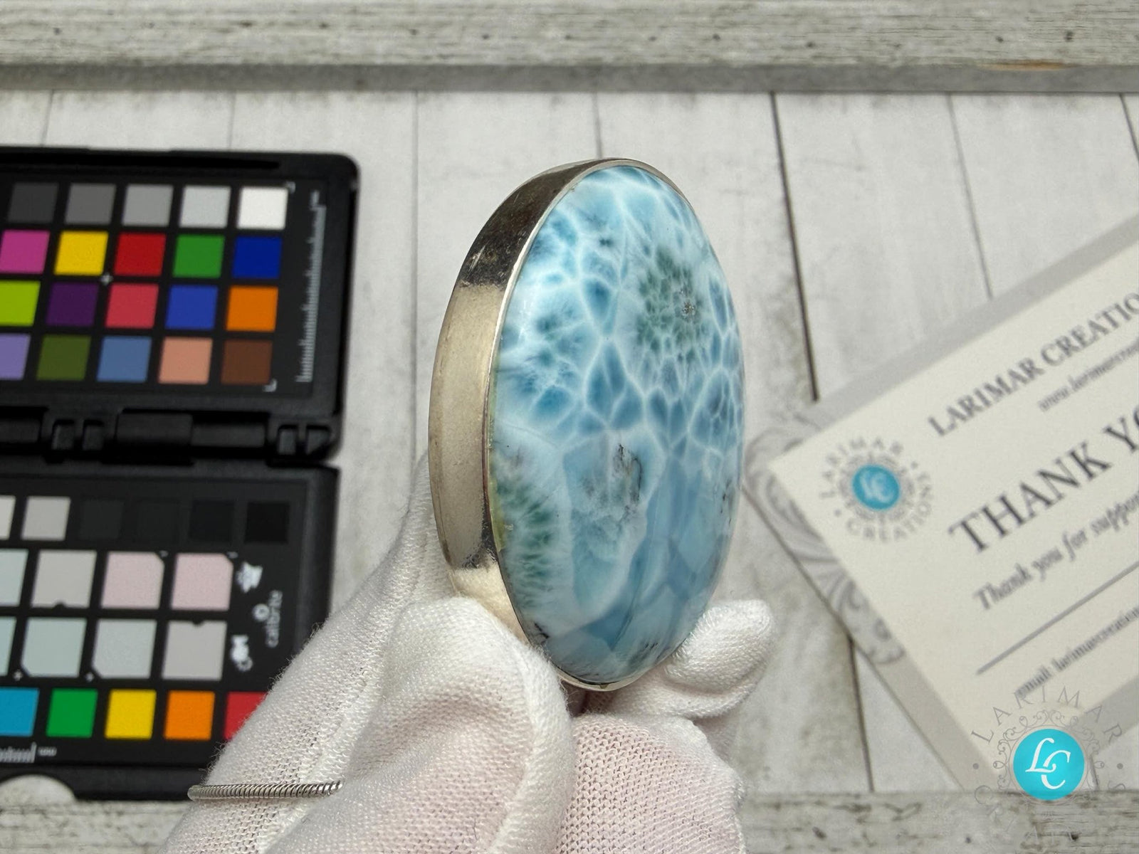 Large Round Larimar Pendant 925 Sterling Silver - Larimar Creations