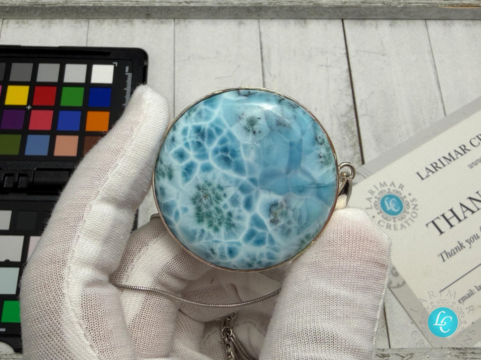 Large Round Larimar Pendant 925 Sterling Silver - Larimar Creations