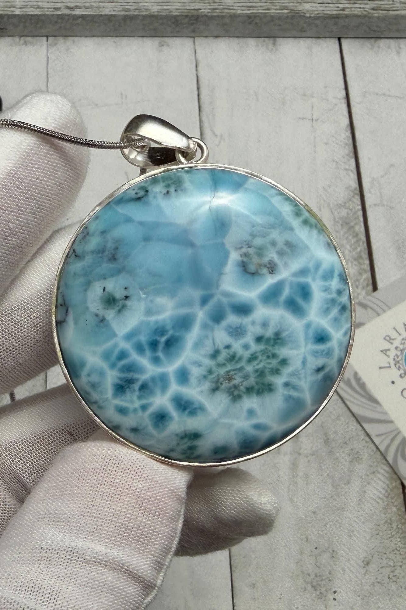 Large Round Larimar Pendant 925 Sterling Silver - Larimar Creations