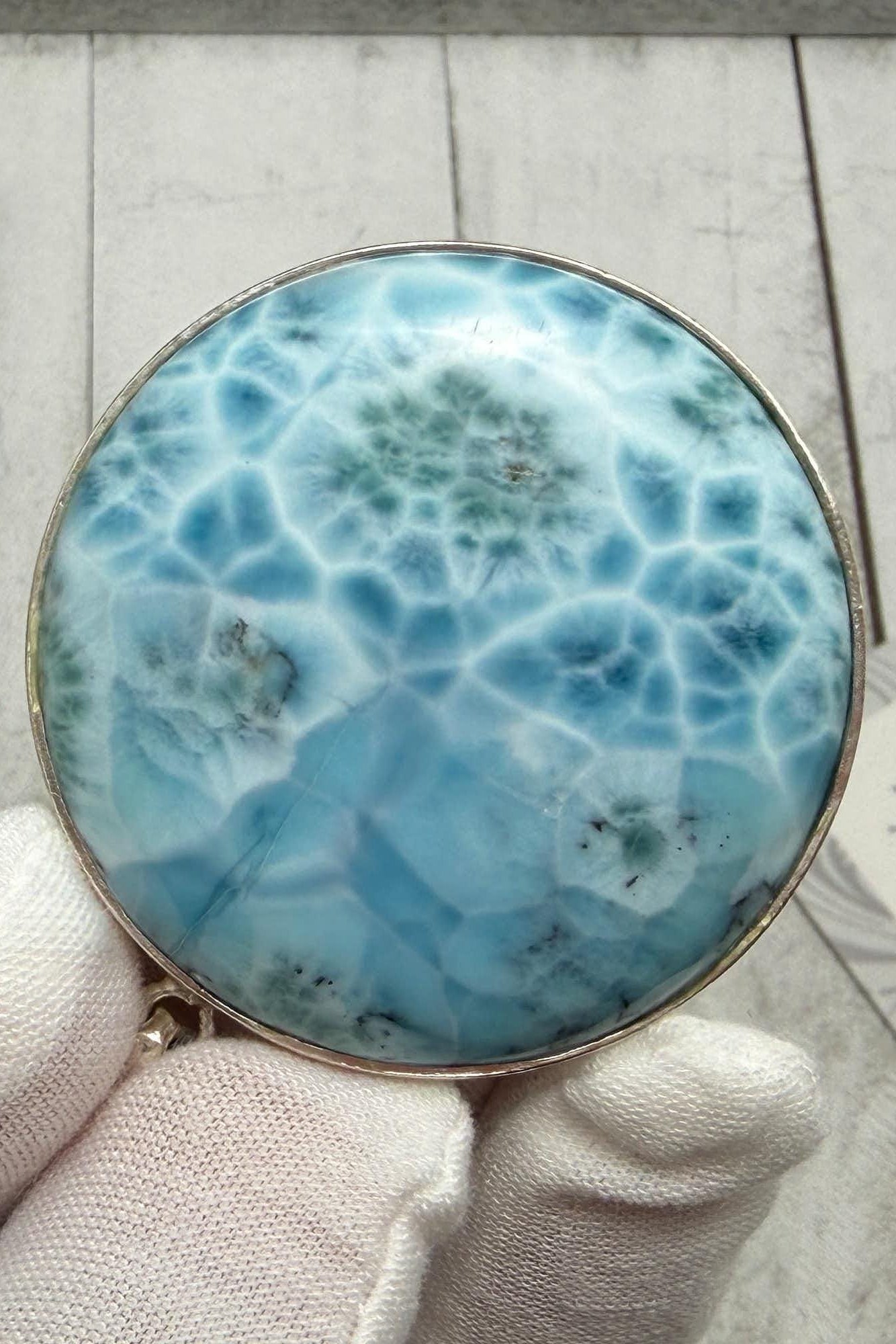 Large Round Larimar Pendant 925 Sterling Silver - Larimar Creations