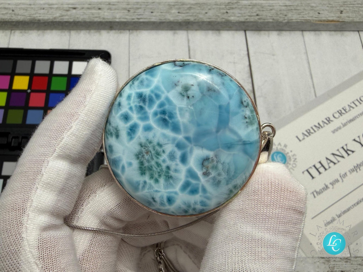 Large Round Larimar Pendant 925 Sterling Silver - Larimar Creations