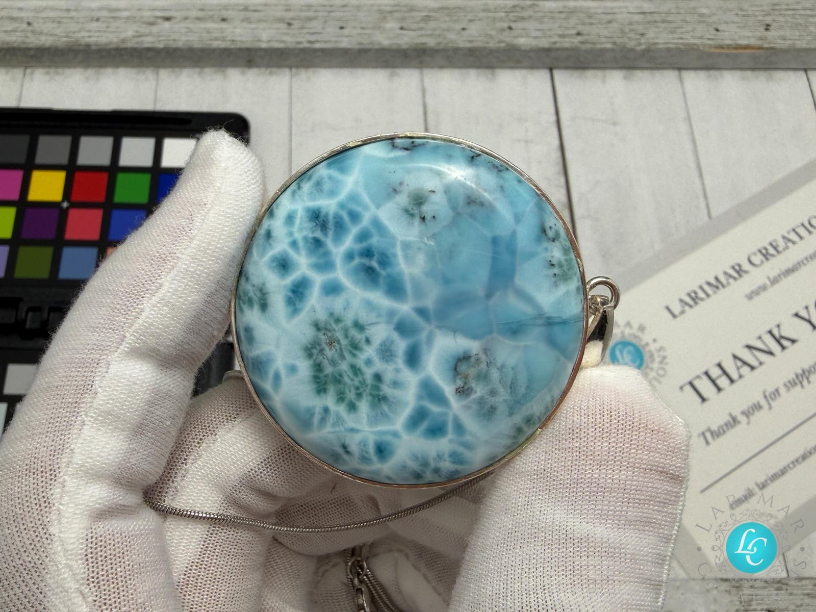 Large Round Larimar Pendant 925 Sterling Silver - Larimar Creations