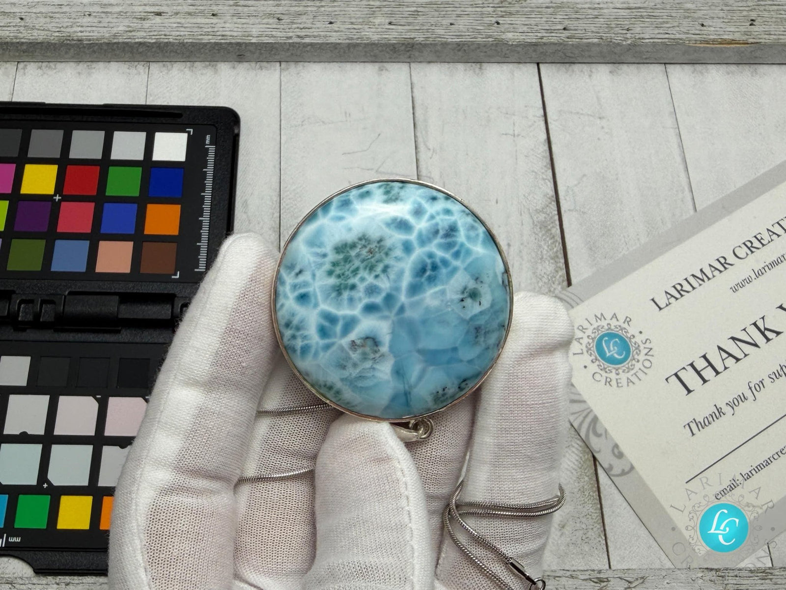 Large Round Larimar Pendant 925 Sterling Silver - Larimar Creations